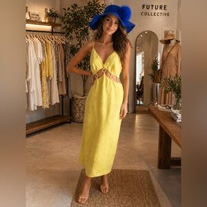 Women's Yellow Cutout Midi Dress - Spaghetti Strap Summer Dress Size 10